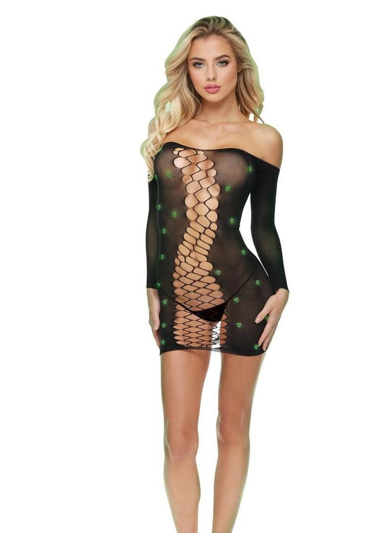 Lapdance Lingerie Diamond Mesh Cutout Minidress - Os - Glow In The Dark