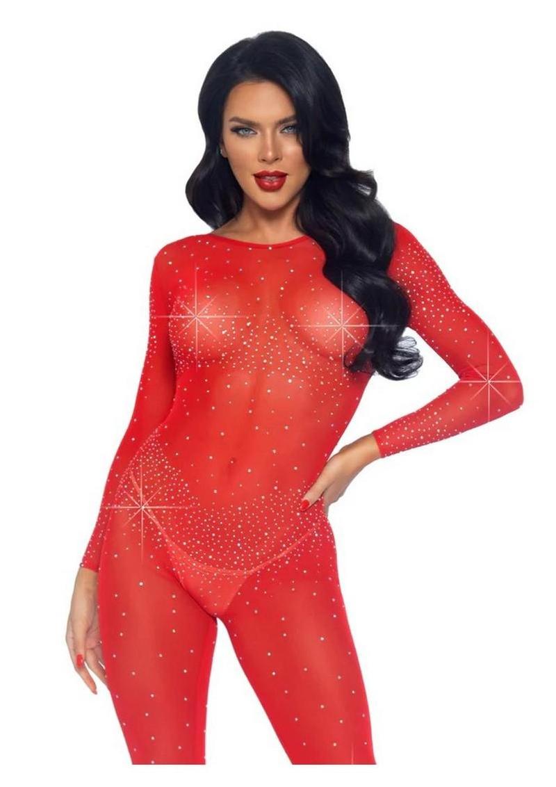 Leg Avenue Sheer Rhinestone Catsuit - Red - Medium