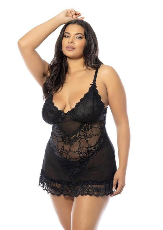 Oh LA LA Cheri Valentine Babydoll Plus - Black - Queen/XLarge/XXLarge