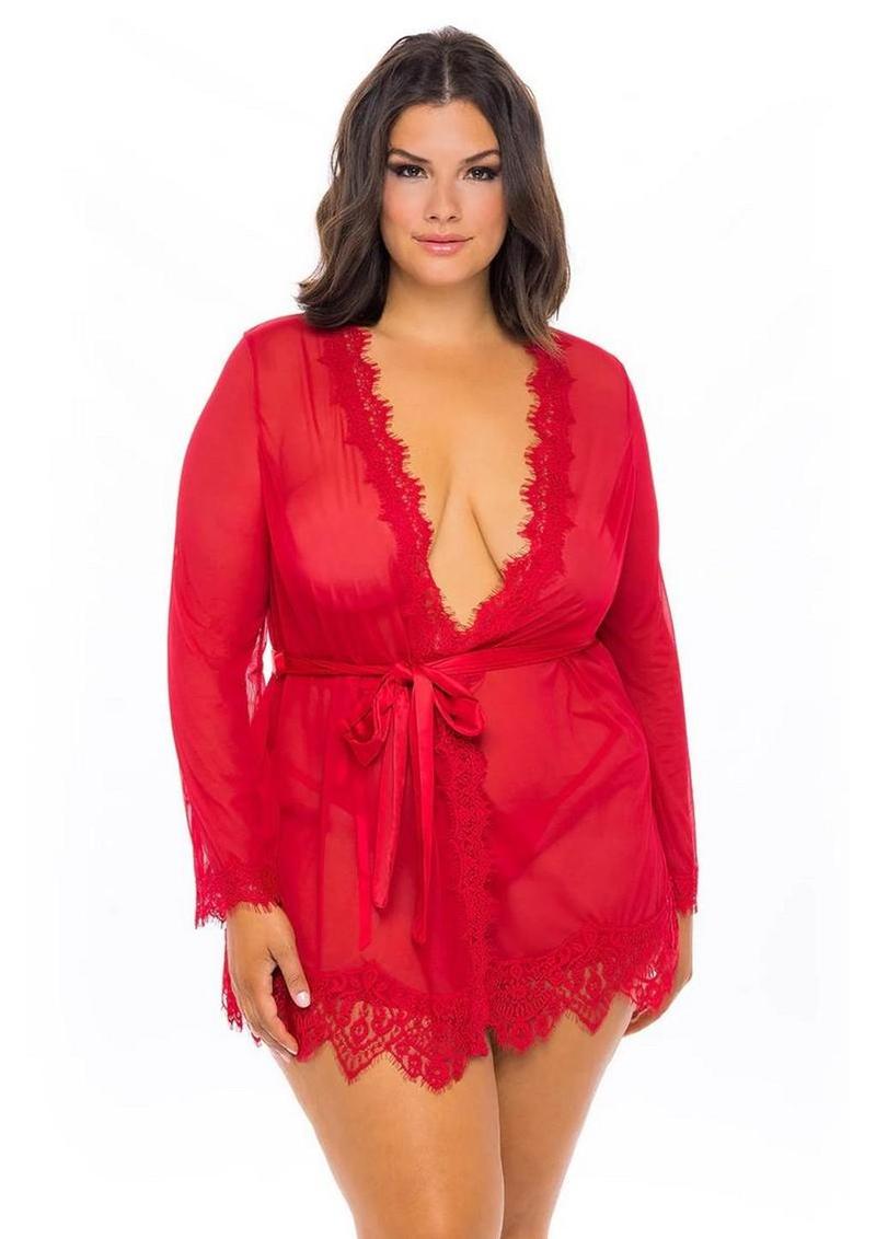 Oh LA LA Provence Short Sheer Robe - Red - 3XLarge/4XLarge