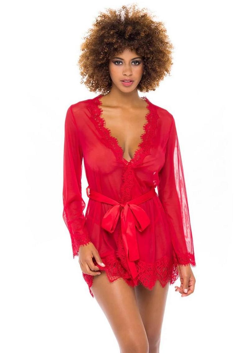 Oh LA LA Provence Short Sheer Robe - Red - Large/XLarge