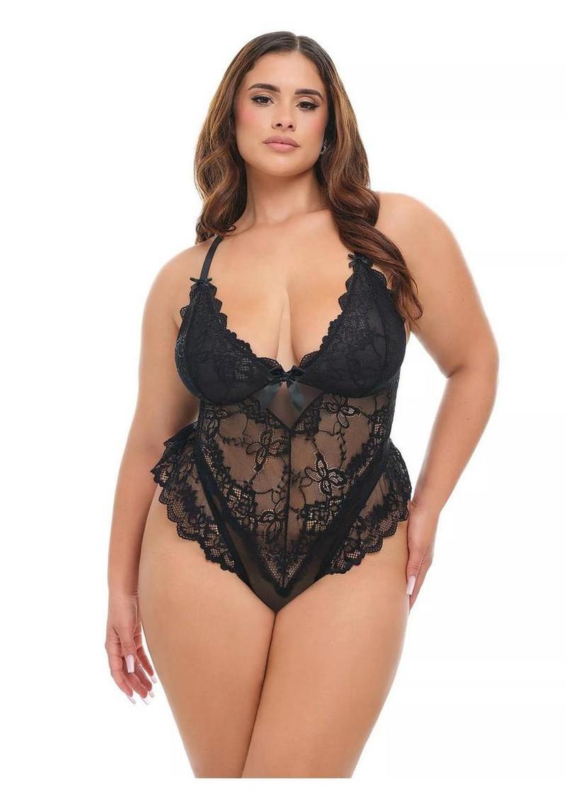 Oh LA LA Valentine Sheer Lace Teddy - Black - 3XLarge/4XLarge