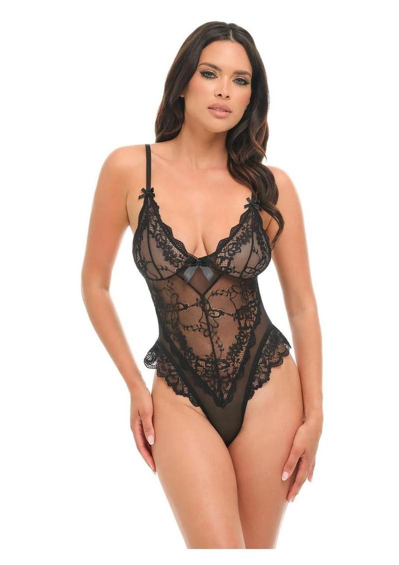 Oh LA LA Valentine Sheer Lace Teddy - Black - Medium