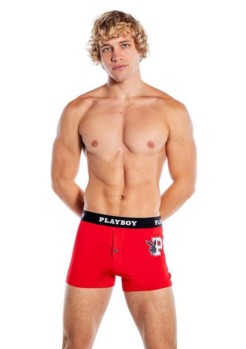 Playboy Mens Varsity Boxer Briefs - Red/White - Medium